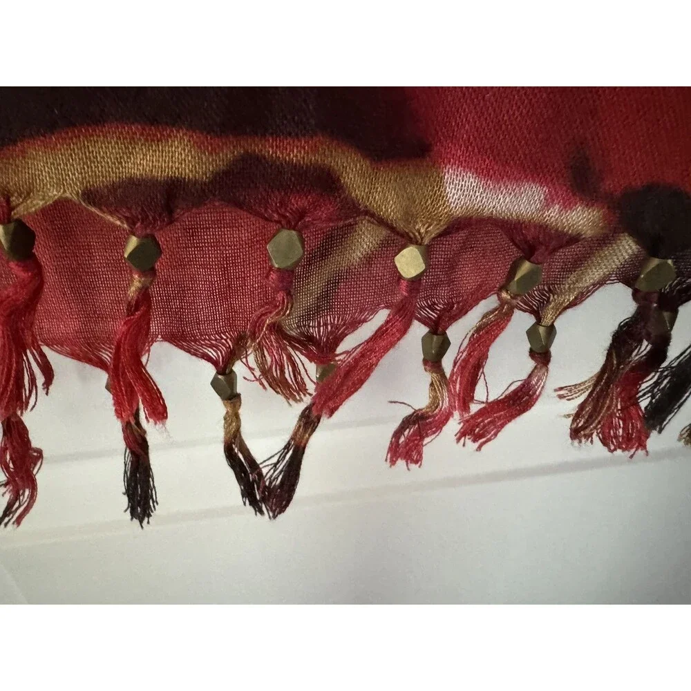 Pashmina Scarf Shawl Wrap With Beaded Fringe 72 Inches Long Red Black Gold‎